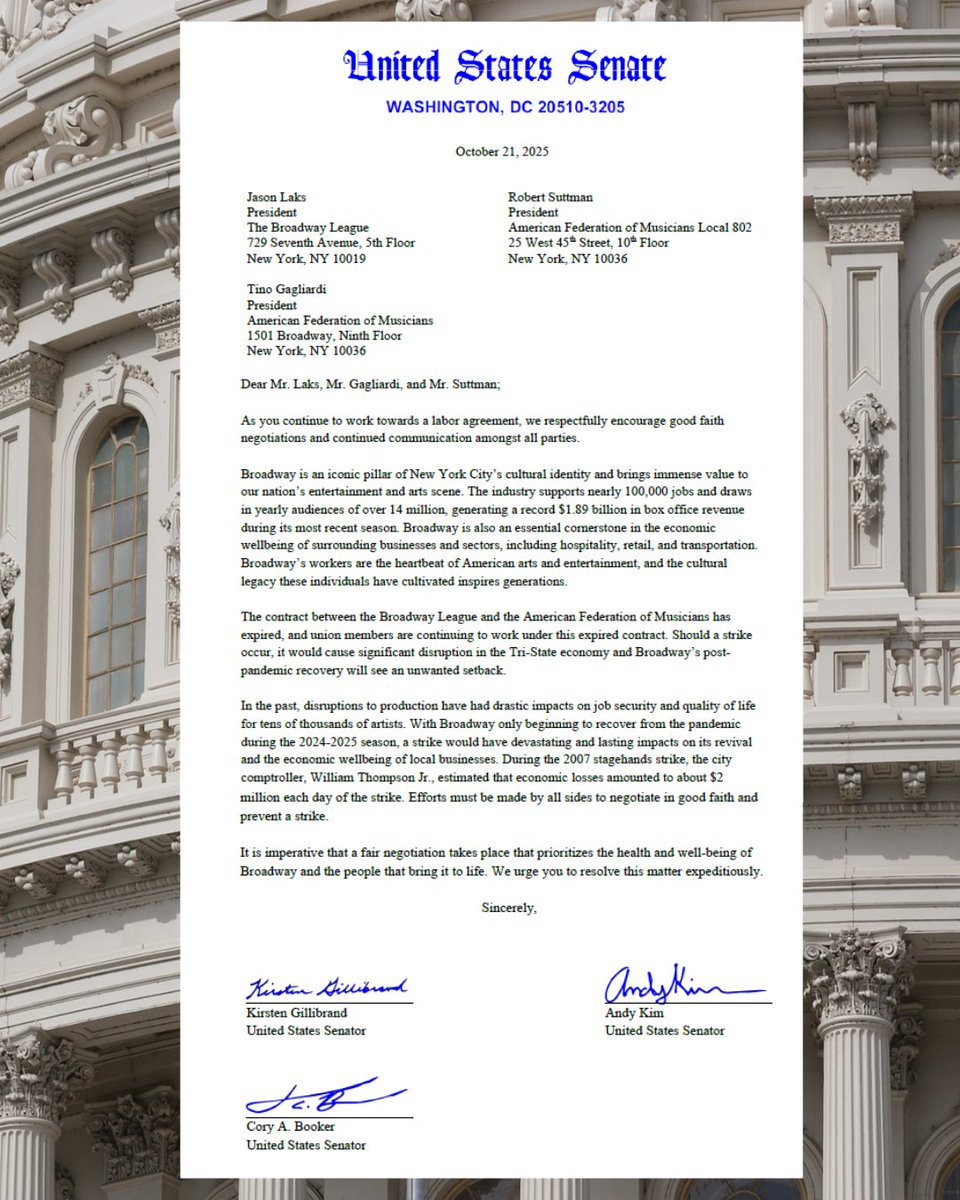 Local_802_AFM's tweet image. #BroadwayMusicians are fighting for a fair contract, and thanks for this great letter of support from U.S. Senators @SenGillibrand @SenBooker @SenatorAndyKim ( + @senschumer for his constant help)! @The_AFM @CentralLaborNYC @EricDKoch