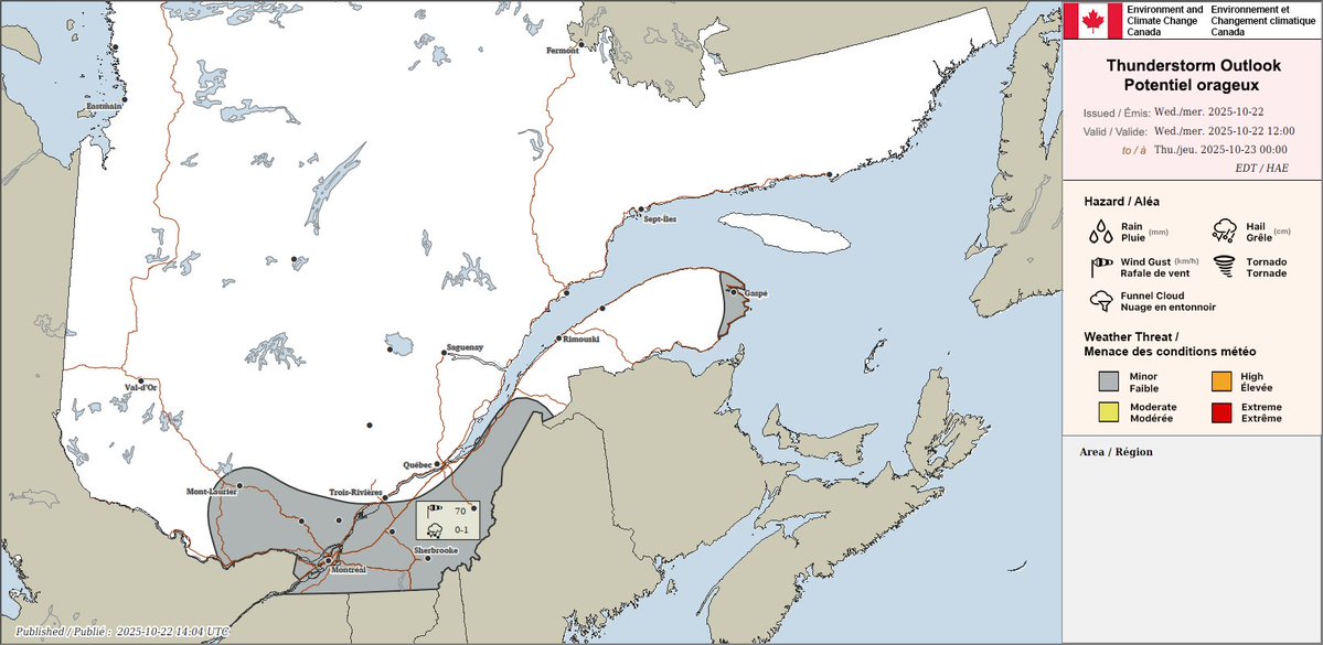 Voici la carte du potentiel orageux pour le Québec valide aujourd'hui.

Tout dommage peut être signalé à Environnement et Changement climatique Canada avec le mot-clic #meteoQC ou par courriel à meteoQC@ec.gc.ca.