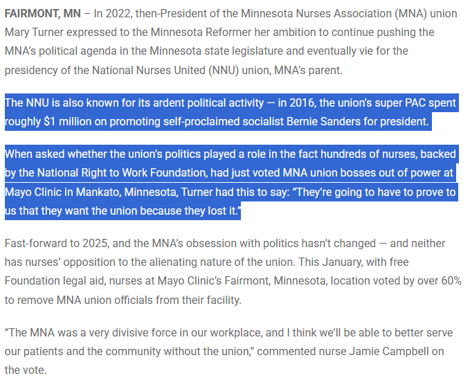 <a href="/GOPHELP/">Senate HELP Committee GOP</a> When Bernie Sanders introduced Minnesota Nurses Association union boss Mary Turner, he left a few things out about her:

“The MNA was a very divisive force in our workplace, and I think we’ll be able to better serve our patients and the community without the union.” - Mayo nurse
