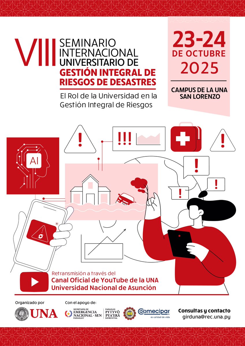 una_py's tweet image. 🗓️| La #UNA presenta el VIII Seminario Internacional de Gestión de Riesgos de Desastres ⚠️🚨🛑🌱
Un encuentro de especialistas para reflexionar y fortalecer la cooperación en la gestión de riesgos.
¡Seguí la transmisión! | YouTube: youtube.com/c/UniversidadN…
#SomosDeLaUNA