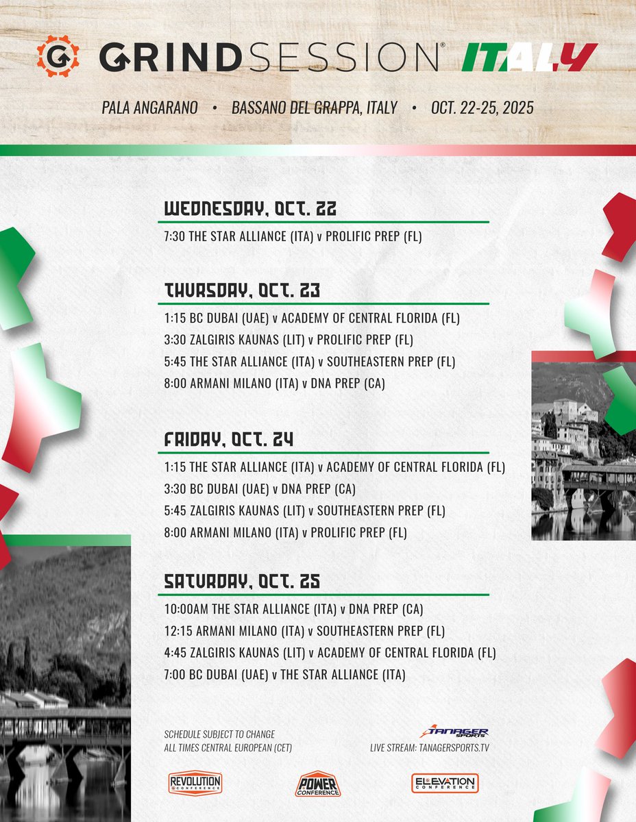 The Grind Session (@thegrindsession) on Twitter photo 🇮🇹 The Bridge of Hoops tips off today in Bassano del Grappa, Italy 🏀
We open with The Star Alliance (ITA) taking on Prolific Prep (FL) in our first matchup of the event.
🎥 Watch it live on The Grind Session YouTube channel
📍 Pala Angarano – Bassano del Grappa, Italy
🗓️ 🇮🇹 The Bridge of Hoops tips off today in Bassano del Grappa, Italy 🏀
We open with The Star Alliance (ITA) taking on Prolific Prep (FL) in our first matchup of the event.
🎥 Watch it live on The Grind Session YouTube channel
📍 Pala Angarano – Bassano del Grappa, Italy
🗓️