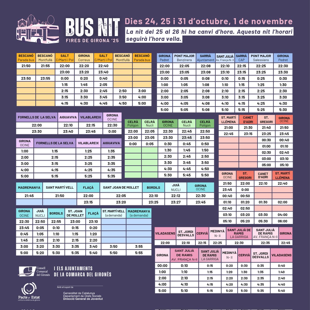 🎡🚍 Torna el servei de bus nocturn per anar i tornar a Fires de Girona.

🗓 Les nits del 24, 25, 31 d'octubre i 1 de novembre. 

Un total de 7️⃣ rutes que connectaran 2️⃣2️⃣ municipis del #Gironès.

🔗  zonajovegirones.cat/ca/bus-nit/
