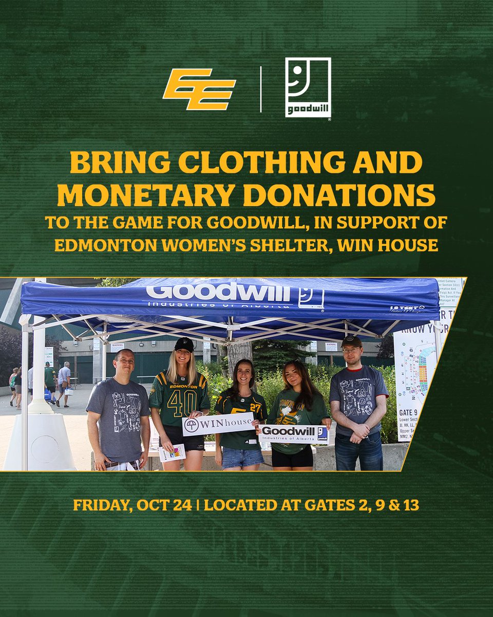 Join us in giving back this game day! 🫶

Stop by Gates 2, 9 or 13 before kickoff as <a href="/GoodwillAB/">Goodwill Alberta</a> will be collecting clothing and monetary donations in support of WIN House. Let’s give back together!

#GoElks | <a href="/GoodwillAB/">Goodwill Alberta</a>