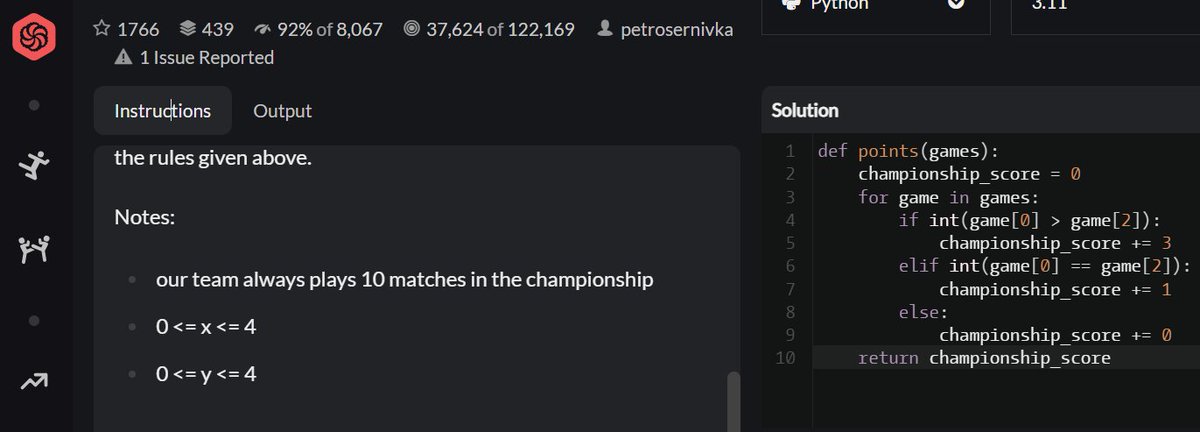 mazinger_data's tweet image. Day 10 of #100DaysOfCode
I completed 5 list challenges on my #Codecademy track.
On #Codewars, I calculated a team’s total points from match results based on score.
And exercise 11 from AlSweigart book
Not sure why I'm even studying #Python for, but this is so freaking cool!!! 🐍