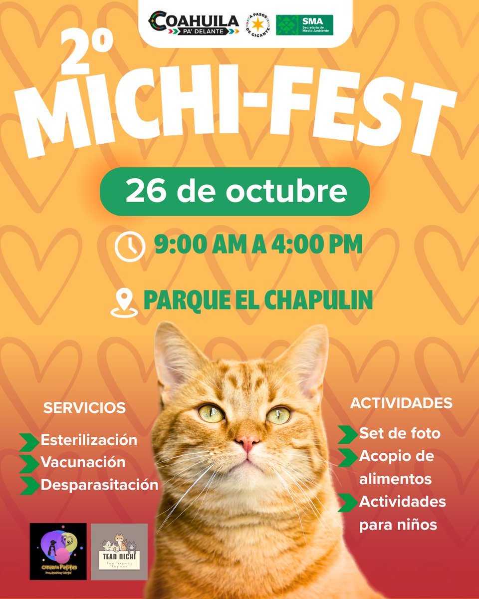 ¡Llega el Michi-Fest 2025!
Este 26 de octubre te esperamos en el Parque “El Chapulín” para consentir a tu michi como se merece.

¡Ven con tu familia y ayuda a promover el bienestar animal!
#CoahuilaPaDelante #APasosDeGigante