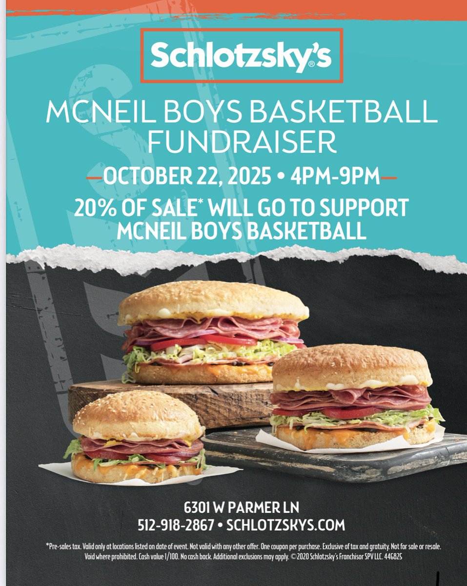 McNeilHoops's tweet photo. Hey Austin community!!
Don’t forget to come eat dinner tonight (4-9pm) at the Schlotzsky’s off Palmer and McNeil. %20 of proceeds go to McNeil boys basketball. https://t.co/Hei3T0GVOb