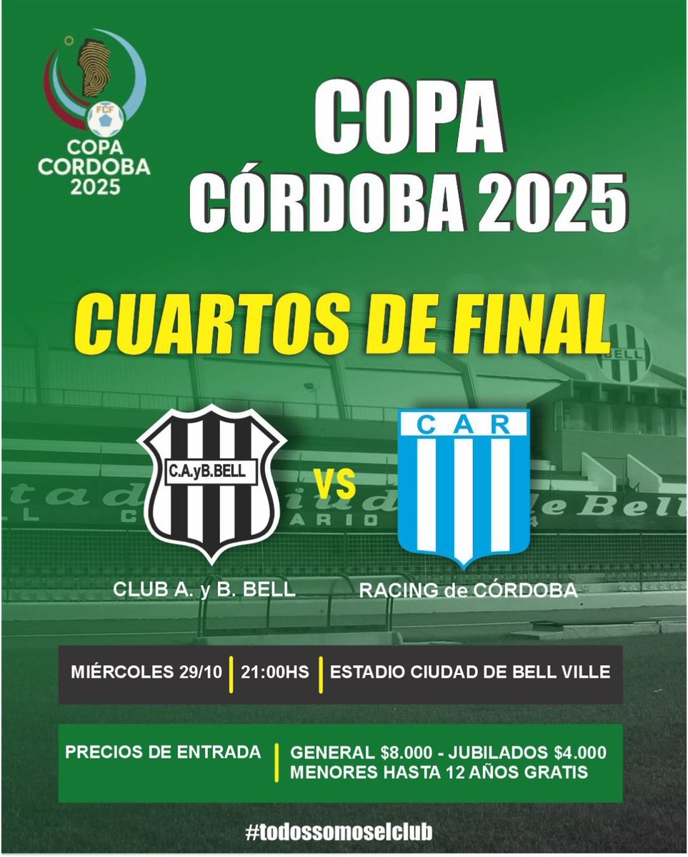 Juan Manuel Spontón 🎙️ (@jmsponton) on Twitter photo #CopaCordoba | Desde la cuenta oficial del club Bell informan que está confirmado el encuentro del local ante #RacingCba. Aún el Cosedepro no trató el tema por el traslado de hinchas Académicos a Bell Ville.
🗓️ Miércoles 29/10
🕘 21.00
<a href="/FanaticosLVdos/">Fanaticos.lvdos</a> #CopaCordoba | Desde la cuenta oficial del club Bell informan que está confirmado el encuentro del local ante #RacingCba. Aún el Cosedepro no trató el tema por el traslado de hinchas Académicos a Bell Ville.
🗓️ Miércoles 29/10
🕘 21.00
<a href="/FanaticosLVdos/">Fanaticos.lvdos</a>