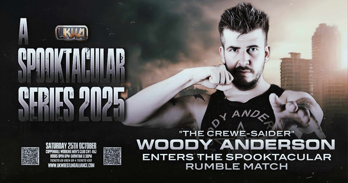 🚨A SPOOKTACULAR SERIES – RUMBLE ENTRY🚨 
“The Crewe-Saider” Woody Anderson enters into The Spooktacular Rumble Match

Coppenhall W.M.C on 25th Oct
Doors Open 6 pm, Show Starts 6:30 pm

Order your tickets at
🎟 ukwrestlingalliance.com 🎟
or the venue

Card Subject to Change