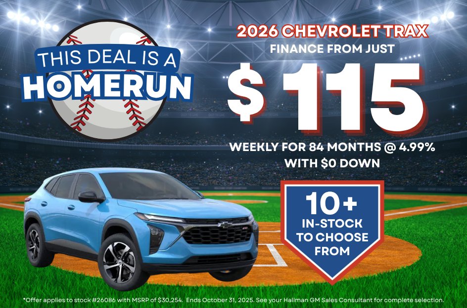 The 2026 Chevrolet Trax is swinging for the fences — and with payments as low as $115 a week, it’s a total home run! ⚾

Learn more: zurl.co/jvy92

#HallmanGM #ChevroletTrax #HomeRunStyle