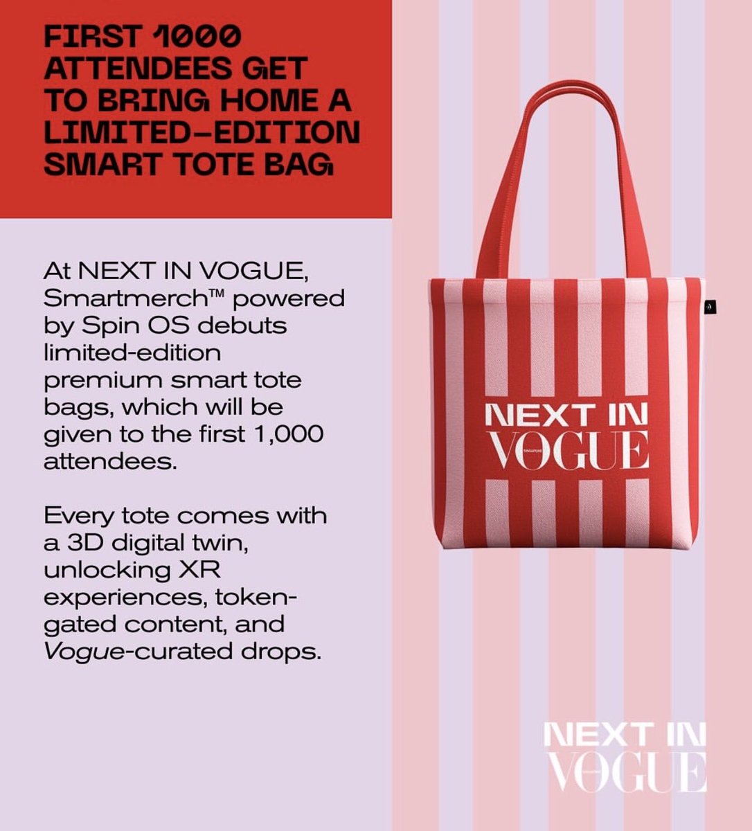 smartmerchai's tweet image. At NEXT IN VOGUE 2025, SMARTMERCH™ + SPIN OS brought digital craftsmanship to life with 1,000 connected totes — authenticated on-chain, paired with 3D twins, and unlocking Vogue-curated XR, drops &amp;amp; memories.

Learn more: smartmerch.ai/about

#SMARTMERCH #SPINOS #RWA #DePIN