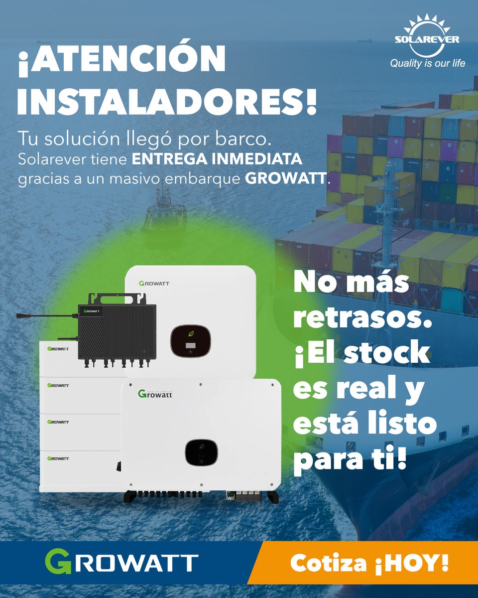 ¡Stop a las esperas! Acaba de llegar a nuestro almacén un cargamento gigantesco de equipos solares de las marcas líderes: Growatt.

Tenemos STOCK INMEDIATO en todos los componentes clave.

✅ Micro Inversores 

✅ Inversores Growatt

👉 ¡Pide tu cotización hoy!