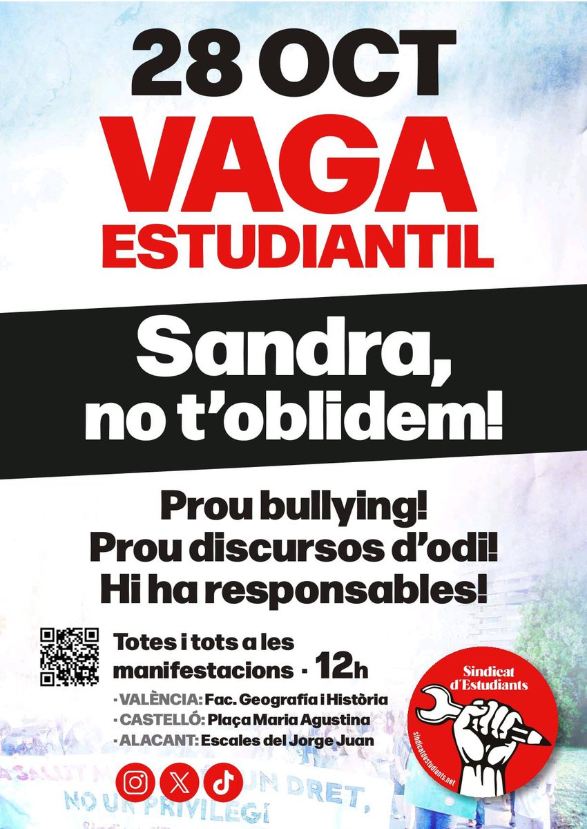 Sandra, no t’oblidarem! Prou ja de BULLYING i de DISCURSOS D’ODI. Hi ha responsables!

💥VAGA ESTUDIANTIL el dimarts 28 d’octubre i MANIFESTACIONS en totes les ciutats.

sindicatdestudiants.net/index.php/noti…
