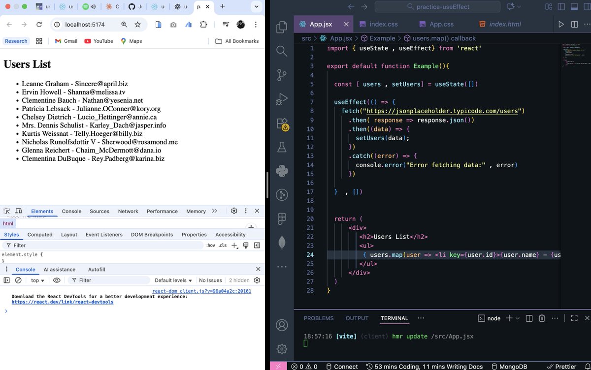walkerthecutev's tweet image. Day 15 of #100DaysOfCode 
- I learnt how to use useEffect in React 
- So it helps run code after rendering
- it has 2 parameters - setup and dependencies(an array)
- I tried an example fetching data from an api using useEffect
#React #LearningInPublic