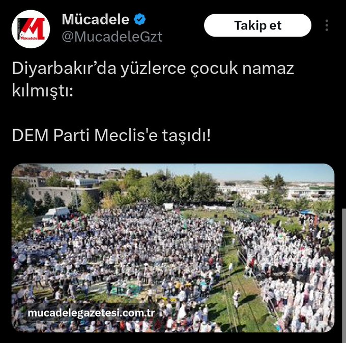 Peygamber Sevdalıları Vakfı yöneticilerine sesleniyorum! Siz Müslüman Kürtlerin çocuklarına namaz gibi böyle güzel şeyler öğretirseniz, Kürtler için başka şeyler düşünen Kürt vekiller de sizi sisteme şikayet eder tabi...

Mesela LGBT+lar böyle açık alan bir program yapsalardı