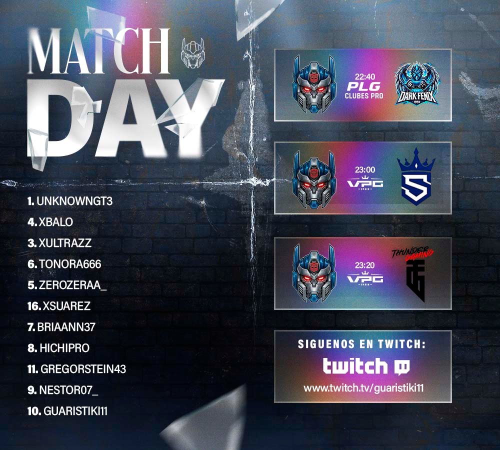 Transformers CF (@transformers_cf) on Twitter photo #HoyJugamos | <a href="/VPG_Spain/">Virtual Pro Gaming España</a> | <a href="/PLGeFootBall/">PLG España</a>
Enchufados. Enfocados. Imparables.  
> twitch.tv/guaristiki11 #HoyJugamos | <a href="/VPG_Spain/">Virtual Pro Gaming España</a> | <a href="/PLGeFootBall/">PLG España</a>
Enchufados. Enfocados. Imparables.  
> twitch.tv/guaristiki11