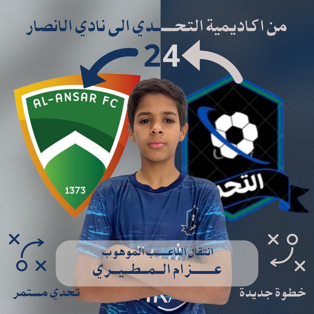 انتقال اللاعب رقم 24  خلال الموسم هذا اللاعب  عزام المطيري من أكاديمية التحدي إلى نادي الأنصار، متمنين له التوفيق في مشواره القادم، ومزيدًا من النجاح والتألق في مسيرته الرياضية 🌟⚽💙 #أكاديمية_التحدي #اكسبلور #fypage #الأربعاء_الخميس_الجمعة_السبت