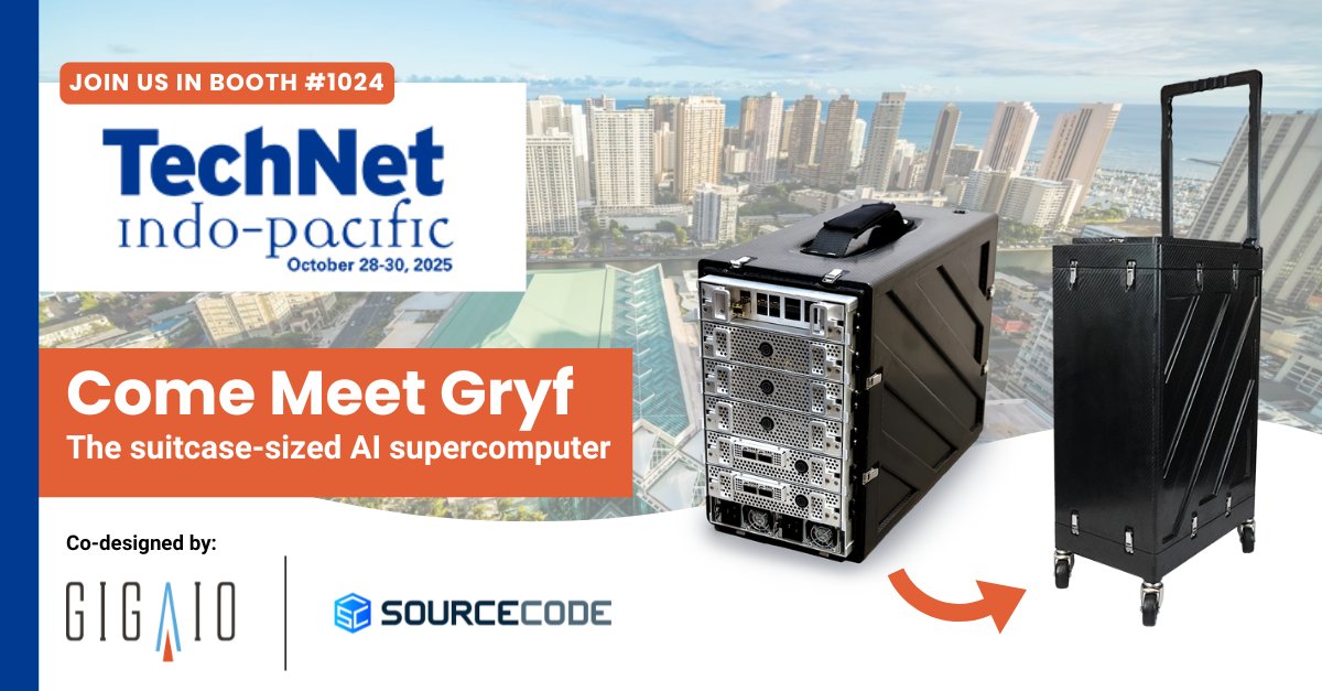 giga_io's tweet image. Carry your compute with you!
Come see Gryf in person at #TechNet. Gryf is the world's first suitcase-sized AI #supercomputer that brings datacenter-class computing power directly to tactical edge operations.
See you at Booth #1024. @SourceCodeCorp
#EdgeComputing