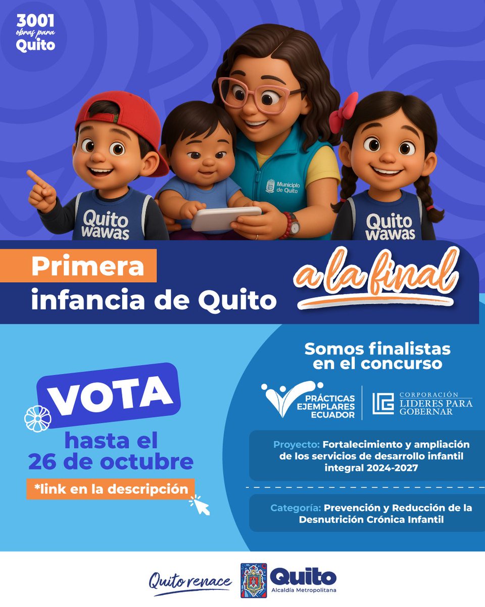 👶🏽#QuitoTeCuida | Los servicios #QuitoWawas y Atención Domiciliaria del <a href="/MunicipioQuito/">Municipio de Quito</a> son finalistas en el concurso Prácticas Ejemplares 🇪🇨 2025 de <a href="/CLPG_ec/">LíderesParaGobernar</a>, por su compromiso contra la desnutrición infantil. 

💛 Vota por nuestro proyecto: bit.ly/VotaInfancia

#QuitoRenace