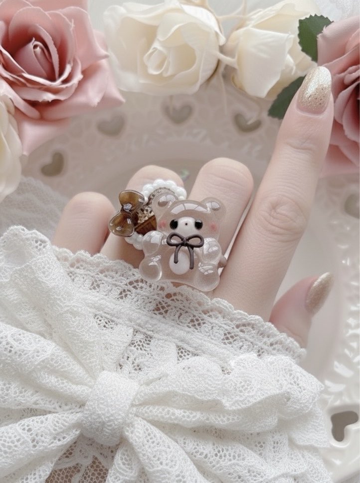 Milkycat12's tweet image. AIさんに着画を作ってもらいました✨
まるでほんとに指にはめて写真撮ったみたいですごい😳💗
(袖をレースのりぼんにしてもらってあげなおしました🙏)