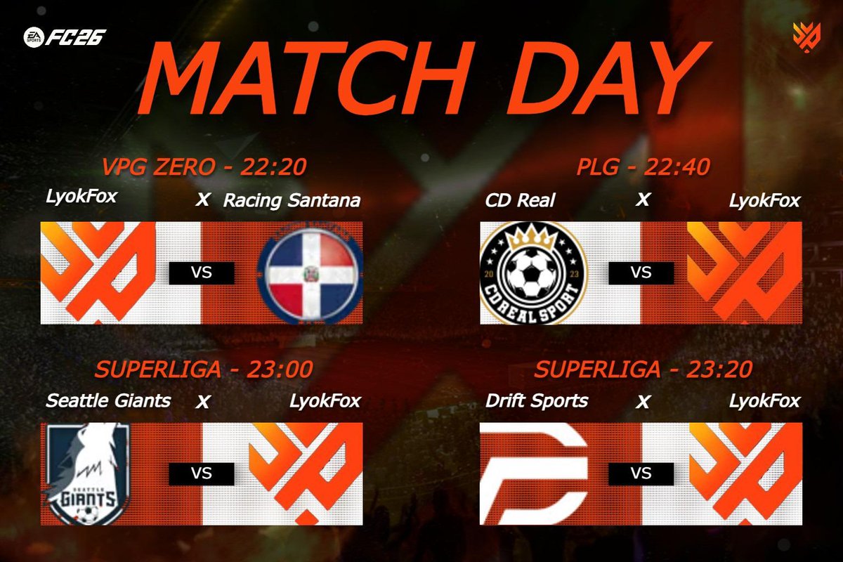 🦊MATCHDAY🦊

🏆<a href="/VPG_Spain/">Virtual Pro Gaming España</a>
⏰22:20 PM
🏠🆚 #racingSantana

🏆@PLGeFootBall
⏰22:40 PM
🛫 <a href="/CDRealSport25/">CDRealSport</a> 

🏆<a href="/VPG_Spain/">Virtual Pro Gaming España</a>
⏰23:00 PM
🛫🆚 @SeattleGiants 

🏆<a href="/VPG_Spain/">Virtual Pro Gaming España</a>
⏰23:20 PM
🛫🆚 <a href="/DriFtEsports_/">DriFt Esports</a> 

🎙<a href="/Coso_001/">Coso_001</a> | 💜m.twitch.tv/coso_001

#LyokFox🦊<a href="/ALPHA___WOLFS/">LyokFox Esports</a> 🦊 #EAFC26