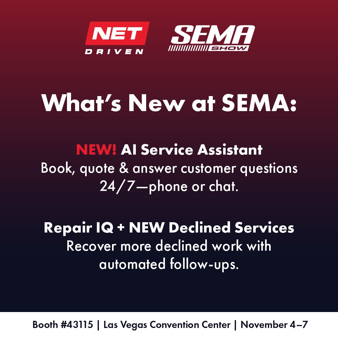 getnetdriven's tweet image. NEW at SEMA Show: AI Service Assistant. 

Stop by for a demo and see how this new tool can collect better leads and help customers make confident service decisions. Schedule a demo here: okt.to/Kc5EFZ

 #SEMA2025