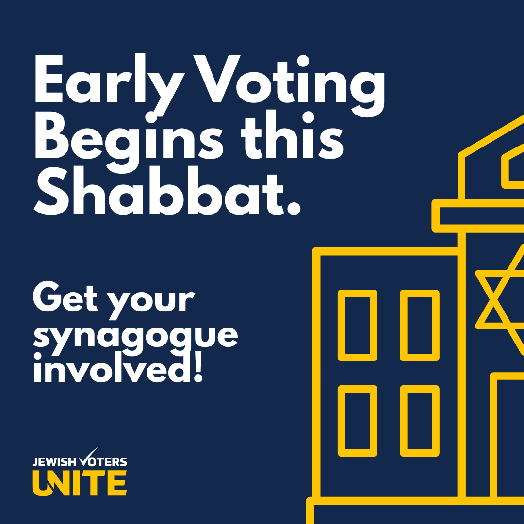 UniteJV's tweet photo. Early voting starts Shabbat (Oct 25)! 
Join We Vote Shabbat &amp; help get our community to the polls.

Ask your Rabbi or email coopera@jewishvotersunite.org — let’s turn registration into turnout! https://t.co/VXi2DumqYz
