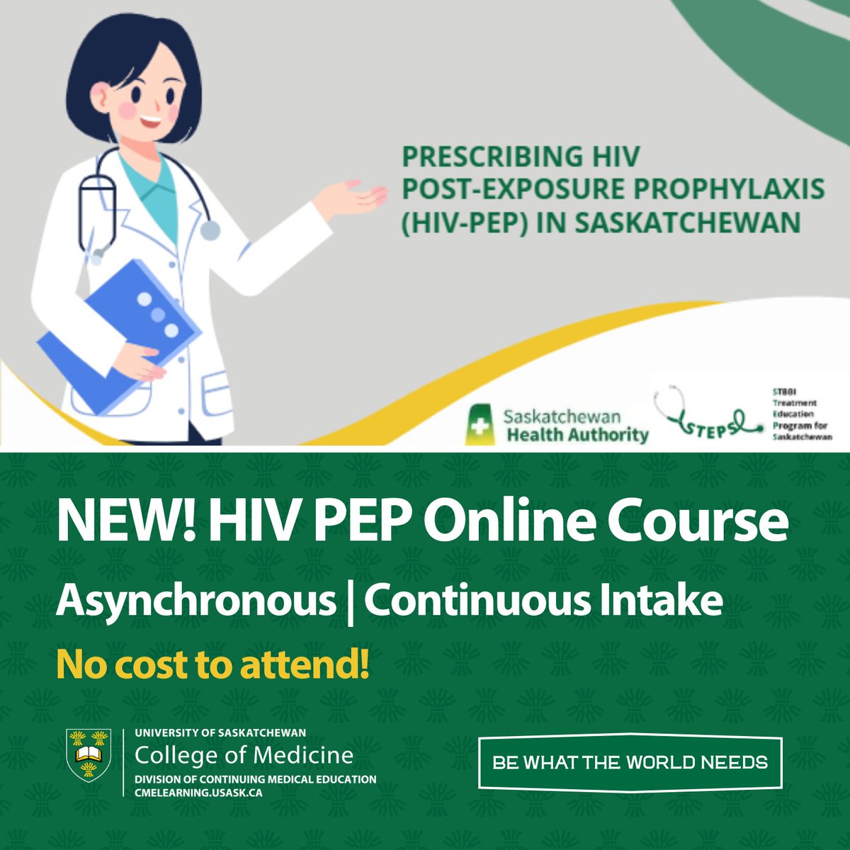 usask_CME's tweet image. Announcement! We've launched a NEW HIV PEP online course! This course was created to help practitioners learn how to confidently prescribe HIV PEP in SK EM & Urgent Care settings. No cost to participate | self-paced | earn credits
Visit ow.ly/mysv50XgrA2 to learn more.