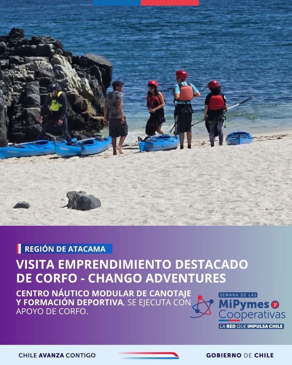 🏖️  La Seremi de Economía, junto a Corfo Atacama, destacaron el emprendimiento Chango Adventures de Víctor Urrejola en Caldera.

✔️ El proyecto “Centro Náutico Modular de Canotaje y Formación Deportiva” se ejecuta con apoyo de Corfo.