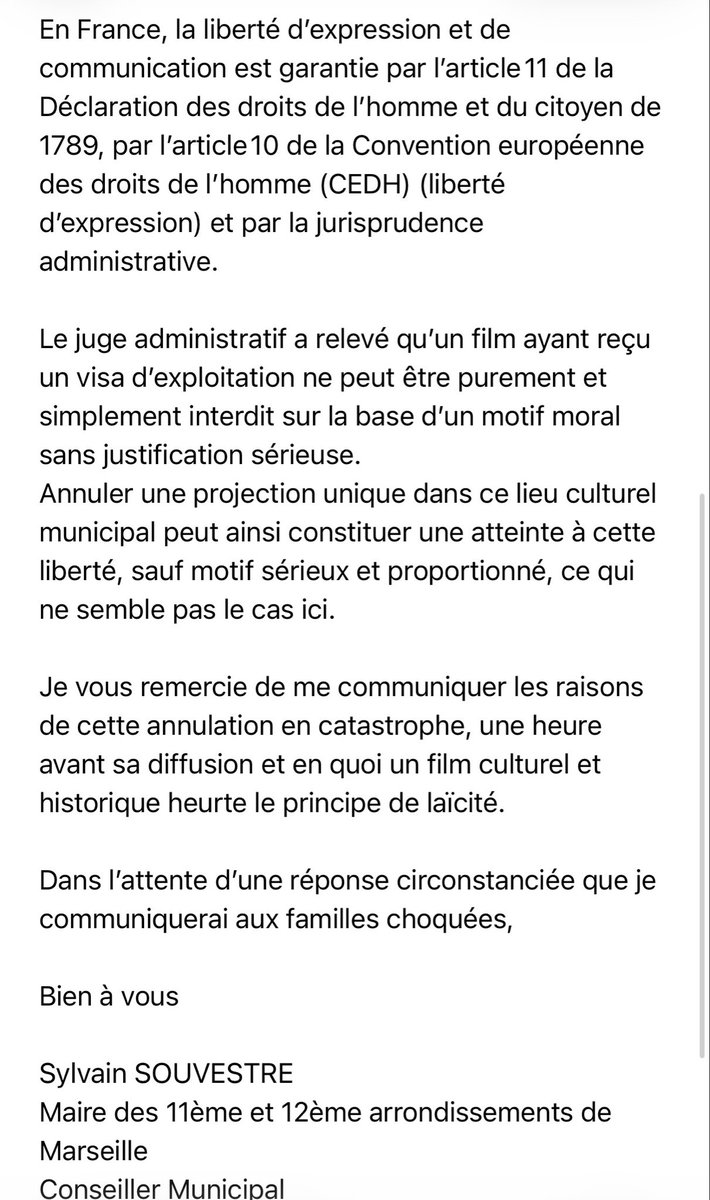 <a href="/BenoitPayan/">Benoît Payan</a> Votre décision d’annuler 1h avant sa projection au <a href="/ChateauBuzine/">Château de la Buzine</a> le film #Sacrecoeur au motif d’atteinte à la laïcité est inacceptable sur la forme et sur le fond pr une oeuvre culturelle dans un lieu culturel! La laïcité n’est pas à géométrie variable! #Marseille
