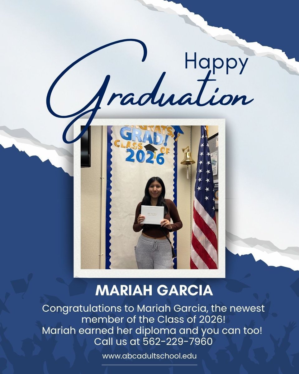 abcadultschool's tweet image. Congratulations to Mariah Garcia, the newest member of the Class of 2026!
Mariah earned her diploma and you can too! @th30nly.mariah 

Call us at 562-229-7960 and enroll today!

#GEDGraduate #HiSETTest #AdultEducation #SecondChances #GEDLife #DiplomaGoals #HiSETSuccess