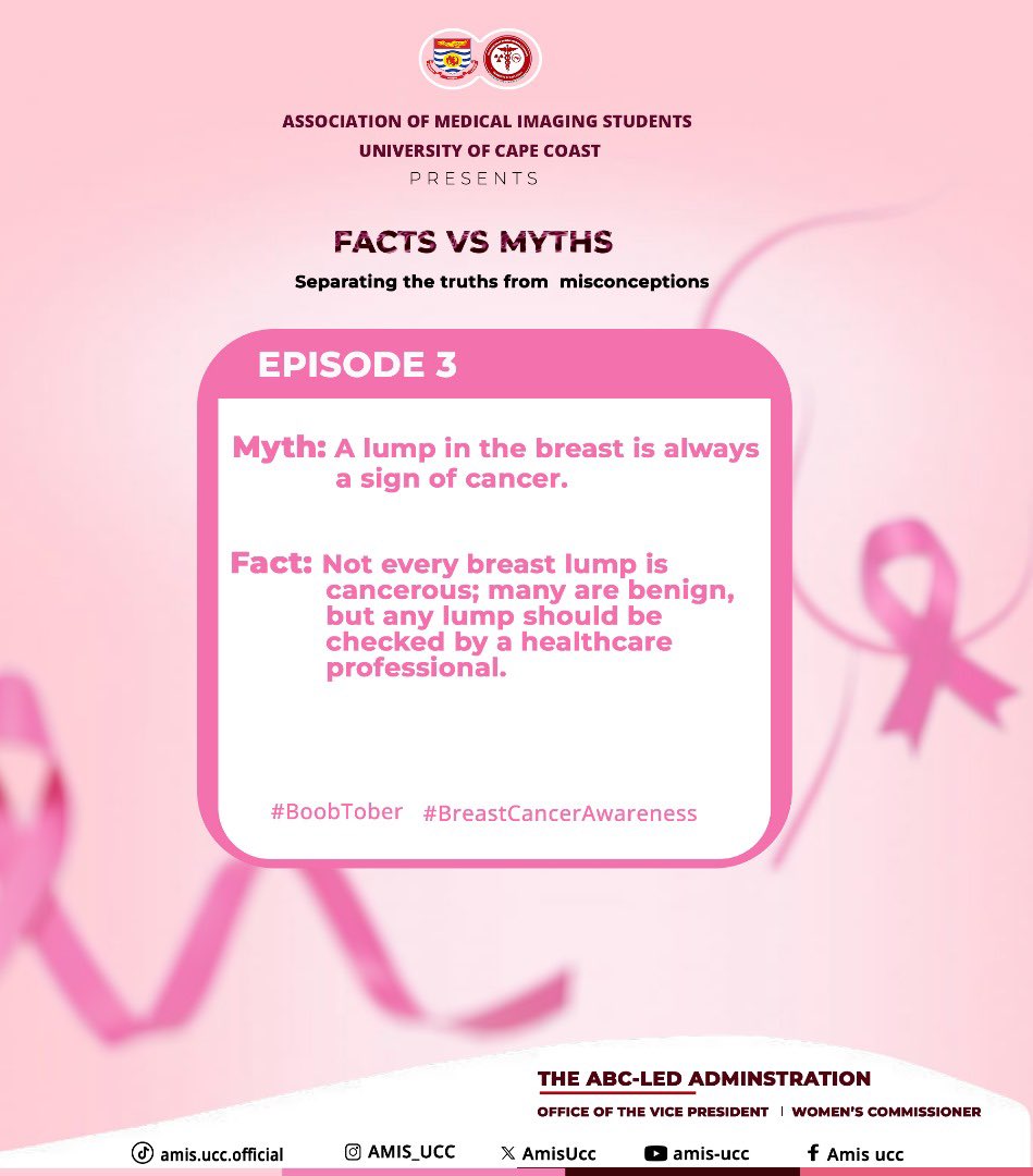 AmisUcc's tweet photo. 🎀 Fact vs Myth — Episode 3
A lump in your breast doesn’t always mean cancer — but it always means you should see a doctor.
Stay informed, stay safe, and check regularly. 💕
#Boobtober #BreastCancerAwareness https://t.co/yDPCwdcGOp