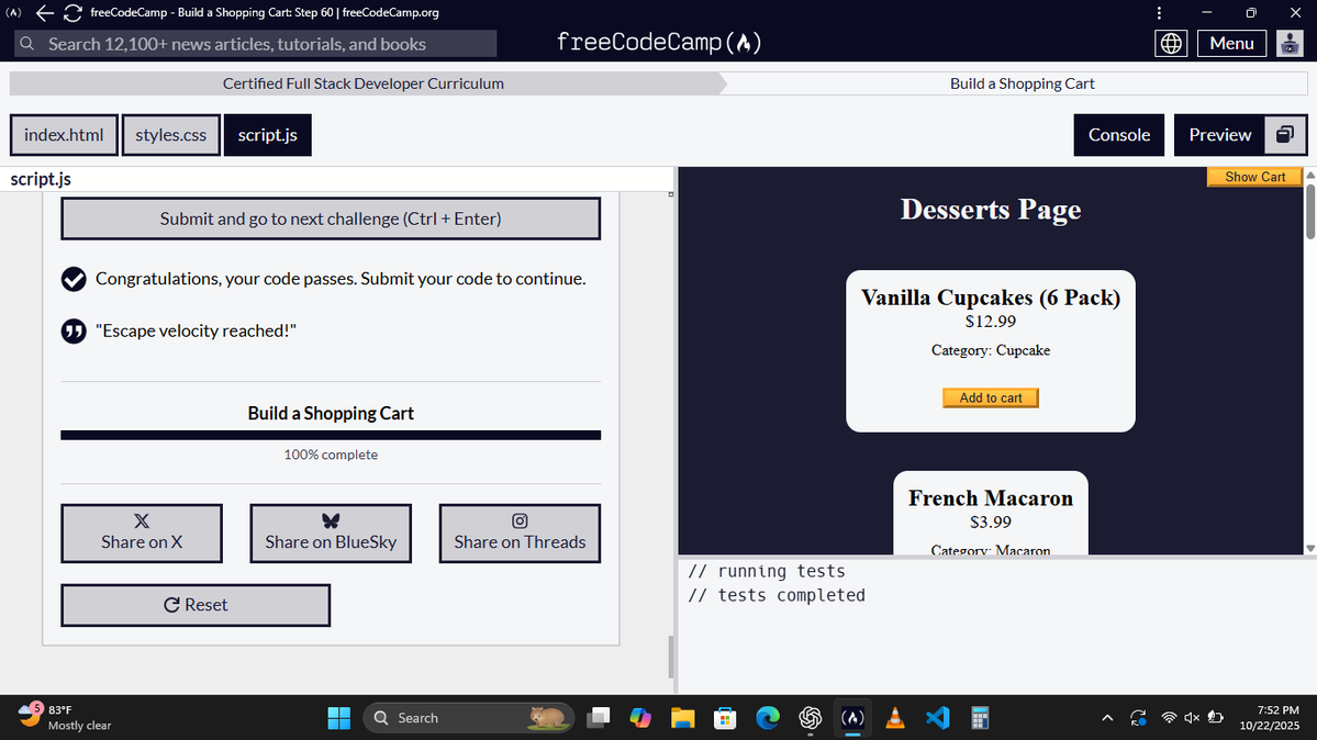 twigstin7's tweet image. Today I wrapped up the #JavaScript classes Workshop Project on FCC — a mini shopping cart project
Next up, I’ll be working on the Practice Lab Projects:
- Project Management Board
- Bank Management Program
Sharing my progress soon 💪
LFG 🚀
#LearningInPublic #100daysofcode