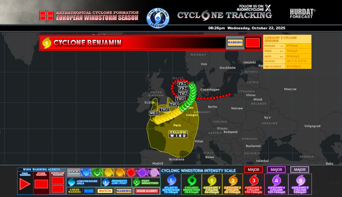 #CycloneBenjamin Advisory 9
Winds: 70mph
CWSIS: C1
MSLP: 979mb
#Benjamin nearing hurricane-force windstorm over the English Channel tonight, bringing some damage across southern and eastern England on Thursday... #StormBenjamin