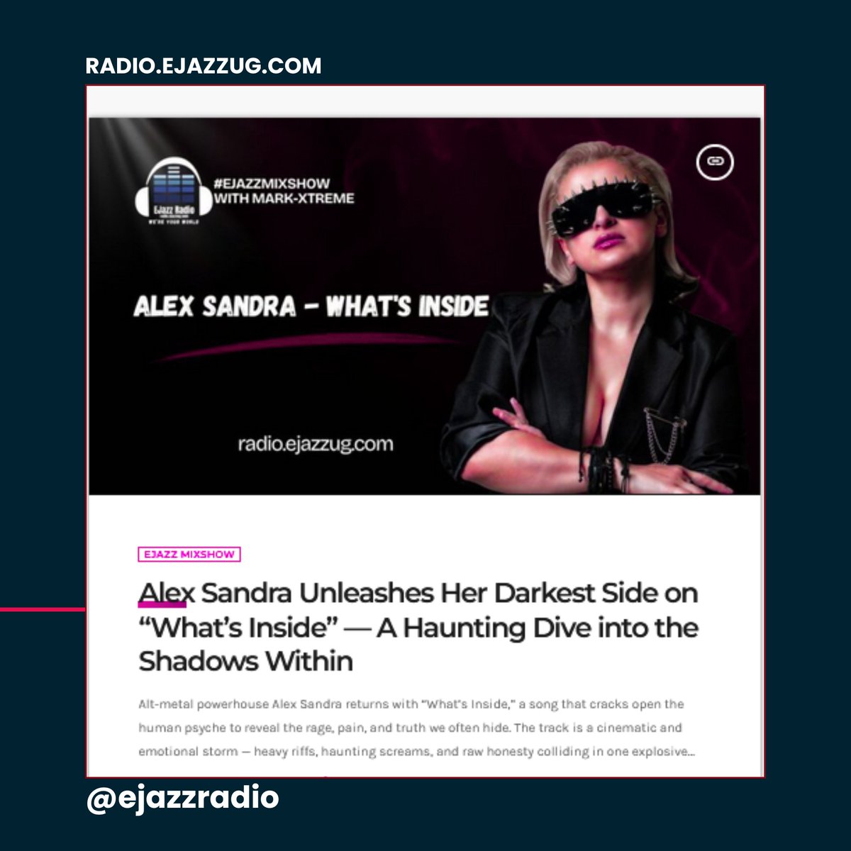 ejazzradio's tweet photo. 🔥 OUT NOW: “What’s Inside” by Alex Sandra — a fearless dive into the darkness we try to hide. Heavy riffs, haunting screams, and raw emotion.
https://t.co/yXRXMv8s3x
🎧 #AlexSandra https://t.co/hHVnvs1uae