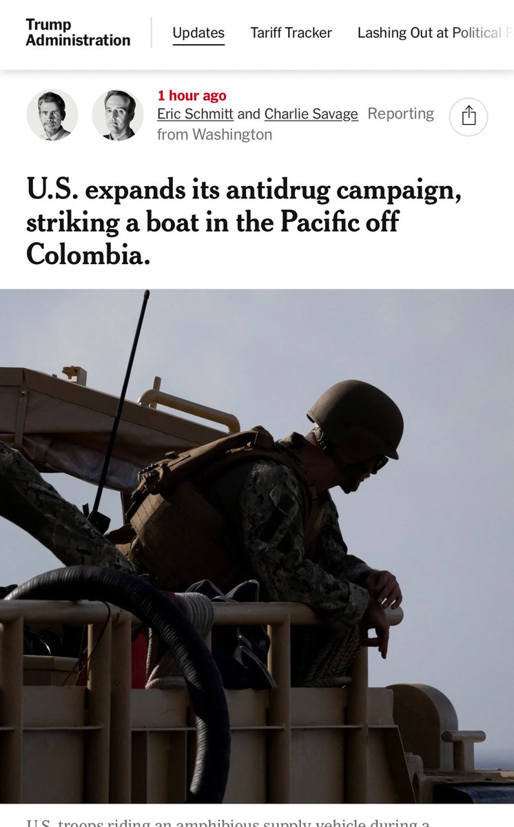 Trump bombed another boat, this time in the Pacific Ocean off the coast of Colombia. 

NYT is framing totally rogue agression in international waters against small boats as an “antidrug campaign” 

They’re killing random people without providing any evidence and for an alleged
