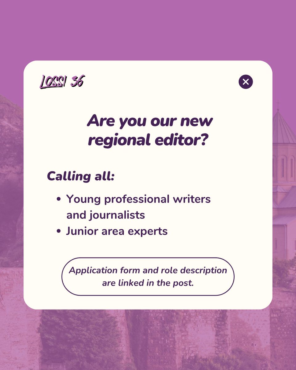 36_lossi's tweet photo. 📢 Lossi 36 is looking for new regional editors!
🔗 Application and details can be found here: https://t.co/bG5YkkqQhp
Please note that Lossi 36 is a volunteer-run organisation, thus this is an unpaid position.
#callforeditor #caucasus #baltics #journalism #areastudies https://t.co/szg4iOMGos