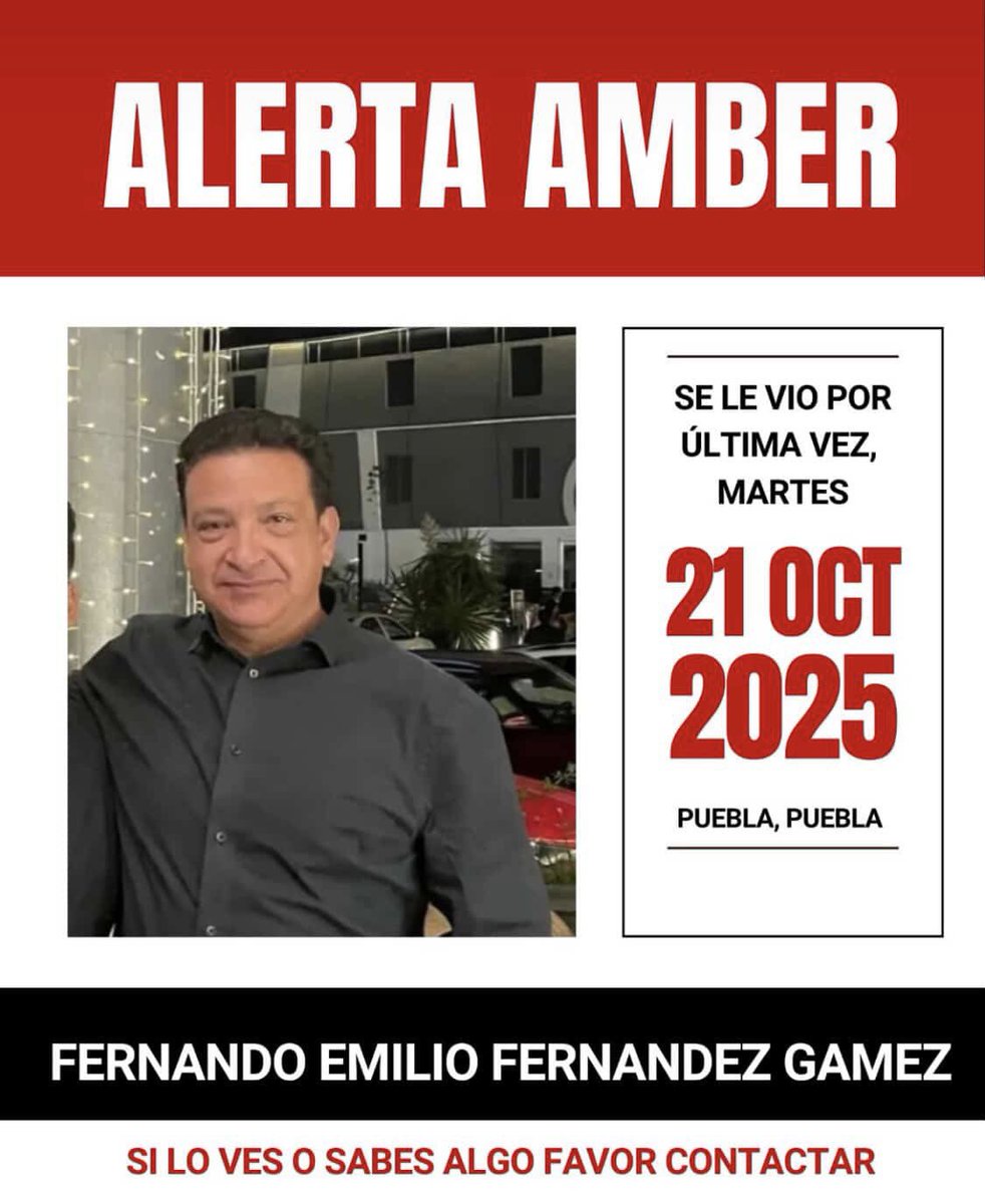 🔴 Desaparecido 

Se solicita el apoyo de la ciudadanía para localizar a Fernando Emilio Fernández Gámez, visto por última vez el martes 21 de octubre de 2025 en Puebla, Puebla.

📞 Si tienes información que ayude a encontrarlo, comunícate al número 911