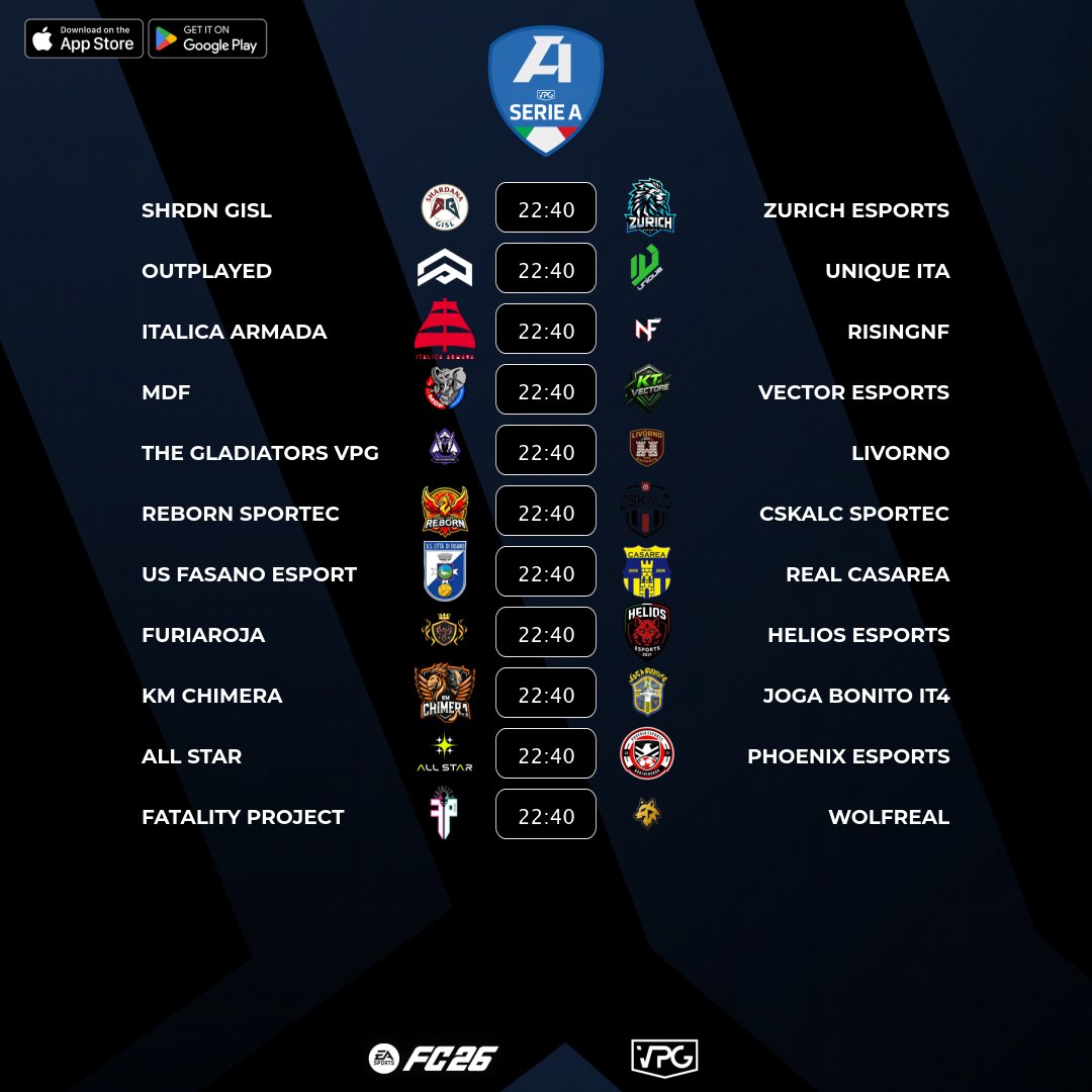 VPG Italy ๐ฎ๐น (@vpgitaly) on Twitter photo ๐ฎ๐น <a href="/VPGItaly/">Virtual Pro Gaming Italy ๐ฎ๐น</a> Serie A
โฝ๏ธ Match #1
๐๏ธ 20/10/2025 - 22:40
๐ฅ๏ธ virtualprogaming.com/community/VPG-โฆ
โก๏ธ <a href="/GislXIX/">SHRDN GISL</a> ๐ <a href="/zurich_esports/">Zurich eSports</a> 
โก๏ธ <a href="/OutplayedEAFC/">Outplayed ProClub ยฉ๏ธ</a> ๐ <a href="/uniQue2k23/">uniQue</a>
โก๏ธ <a href="/ItalicaArmada/">Italica Armada</a> ๐ <a href="/RisingNF/">RisingNF</a> 
โก๏ธ <a href="/MalatidiFifa/">MDF</a> ๐ <a href="/KT_Vectore/">Vector Esports</a>
โก๏ธ <a href="/The__Gladiators/">TheGladiators</a> ๐ <a href="/LivornoeSports/">Livorno</a>
โก๏ธ <a href="/reBorn_proclub/">Reborn Sportec</a> ๐ ๐ฎ๐น <a href="/VPGItaly/">Virtual Pro Gaming Italy ๐ฎ๐น</a> Serie A
โฝ๏ธ Match #1
๐๏ธ 20/10/2025 - 22:40
๐ฅ๏ธ virtualprogaming.com/community/VPG-โฆ
โก๏ธ <a href="/GislXIX/">SHRDN GISL</a> ๐ <a href="/zurich_esports/">Zurich eSports</a> 
โก๏ธ <a href="/OutplayedEAFC/">Outplayed ProClub ยฉ๏ธ</a> ๐ <a href="/uniQue2k23/">uniQue</a>
โก๏ธ <a href="/ItalicaArmada/">Italica Armada</a> ๐ <a href="/RisingNF/">RisingNF</a> 
โก๏ธ <a href="/MalatidiFifa/">MDF</a> ๐ <a href="/KT_Vectore/">Vector Esports</a>
โก๏ธ <a href="/The__Gladiators/">TheGladiators</a> ๐ <a href="/LivornoeSports/">Livorno</a>
โก๏ธ <a href="/reBorn_proclub/">Reborn Sportec</a> ๐