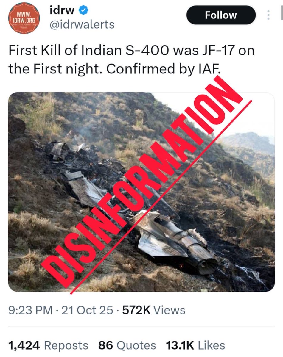 Azaad Fact Check has identified the spread of disinformation by an India-based X handle claiming that India shot down a Pakistan Air Force jet, using an old image from a 2011 jet crash as “proof.” This news is completely false and fabricated. India lost its S-400 system in