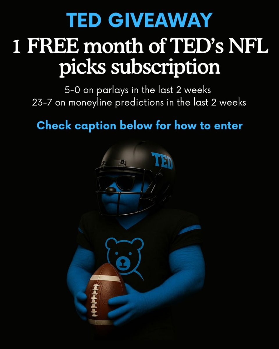 TheAgentTed's tweet image. AGENT TED GIVEAWAY!
We’re giving away 1 free month of TED’s NFL picks subscription through Whop.  $49.99 value.
How to enter: 
1. Follow @TheAgentTed 
2. Like this post
3. Tag 3 friends 
1 person will be chosen at random to win the TED GIVEAWAY! Only New Subscribers can win.…