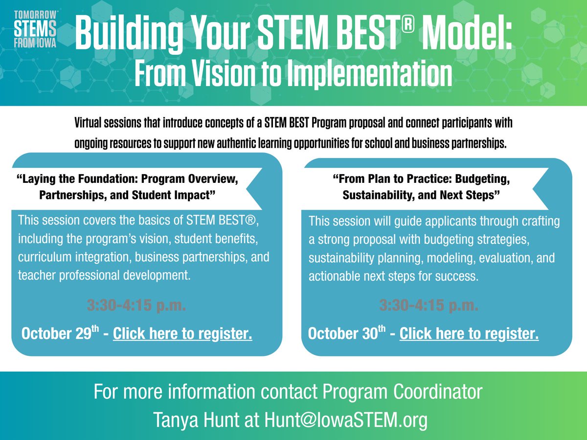 ⏳STEM BEST applications are due in 2⃣ weeks!

Questions❓ Tanya has answers❗

📝 Sign up for the remaining webinars this week as you finalize your application.

Oct. 29 idoe.zoom.us/meeting/regist…

Oct. 30 idoe.zoom.us/meeting/regist…

#STEMBEST #IowaSTEM #STEMEducation