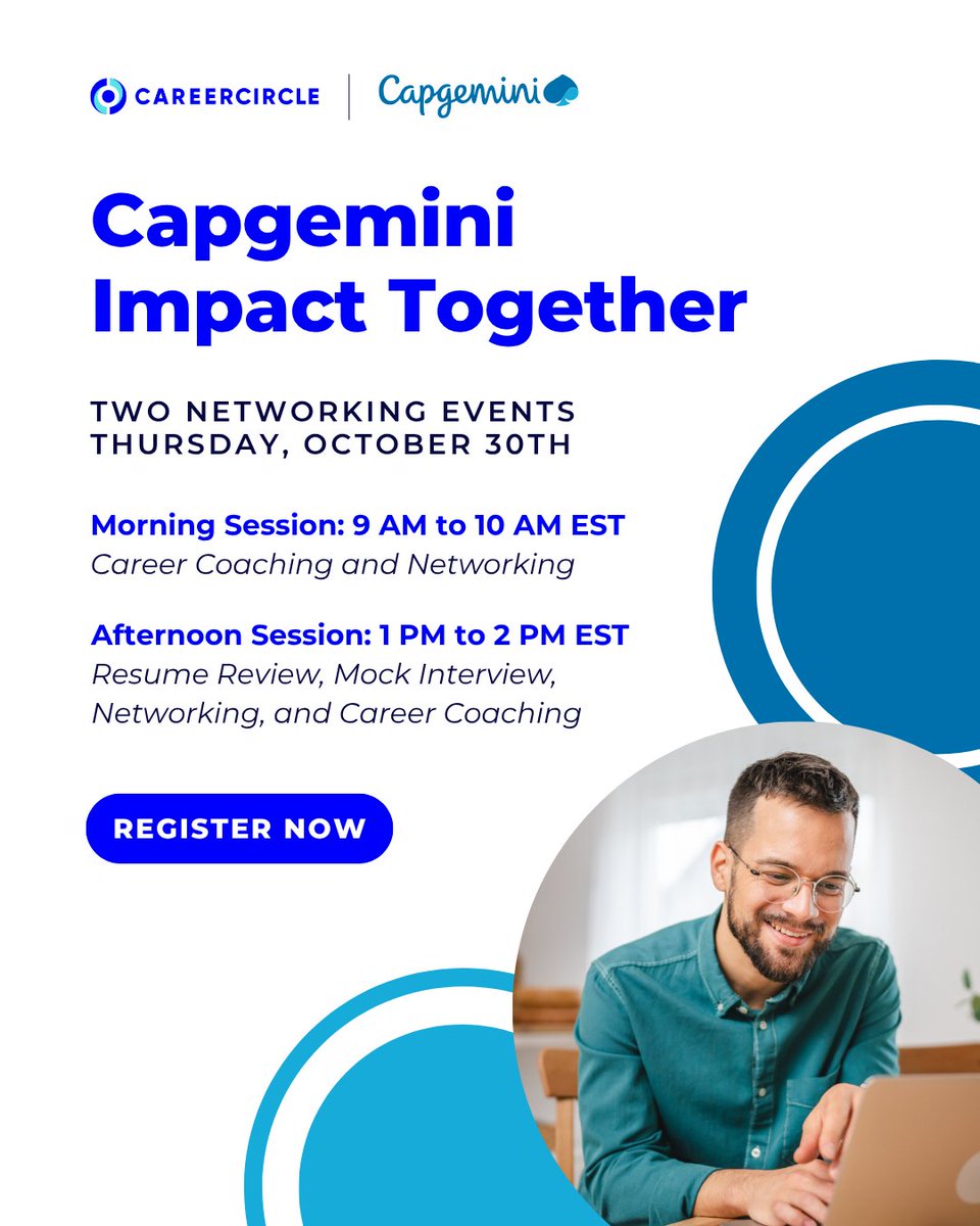 Get FREE, expert career advice at a virtual event hosted by <a href="/Capgemini/">Capgemini</a> on Thursday, Oct. 30th!

We have two 1-hour sessions. Register today:

9 AM EST: Career Coaching &amp; Networking: bit.ly/4gQfLFX

1 PM EST: Resume Review, Mock Interviews &amp; More: bit.ly/48QGZtM