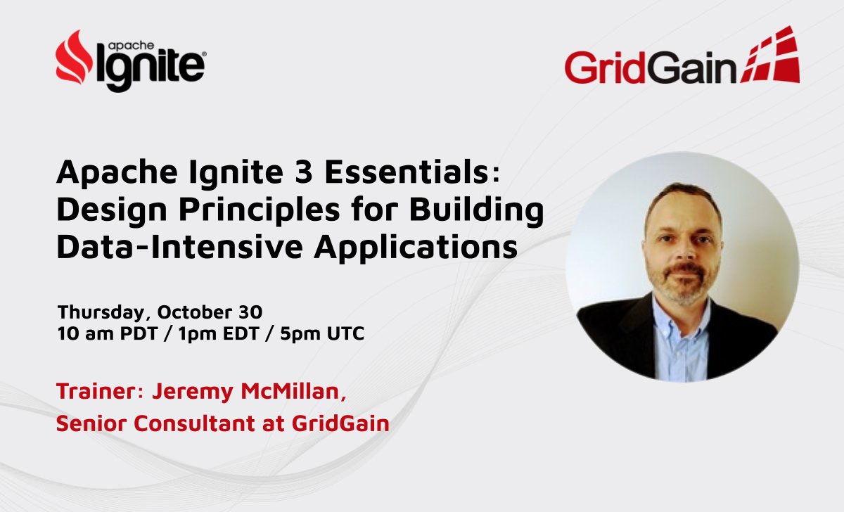 gridgain's tweet image. Join GridGain Senior Consultant, Jeremy McMillan, on Thursday, October 30th at 10 am PDT / 1 pm EDT / 5 pm UTC for the Apache Ignite 3 Essentials training!
Register today!
hubs.la/Q03PMZfH0
#InMemoryComputing #ApacheIgnite #IgniteTraining