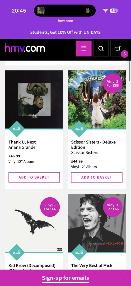 Sew_Devine's tweet photo. @hmvUKHelp I was looking at your 3 for £66 vinyl deal and was after the Ariana LP pictured but the discount doesn’t show in the basket or checkout https://t.co/6Mb0OBVbOn