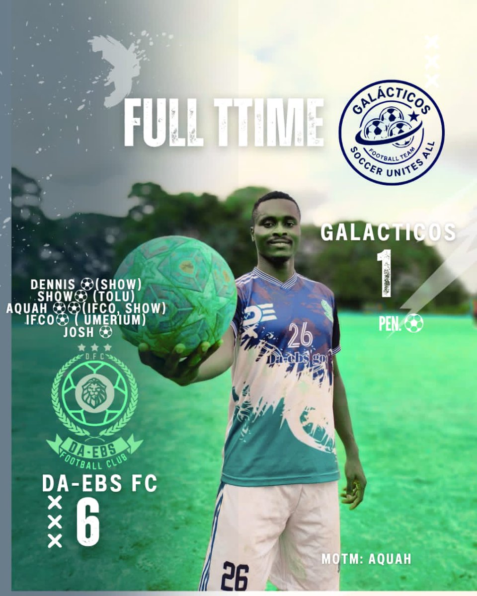 🔥 FULL-TIME DOMINANCE 🔥

DA-EBS FC 6️⃣ – 1️⃣ GALACTICOS FC

What a masterclass from the lions! 🦁💥
Facing the Sigma Cup Semi-Finalists for the first time, DA-EBS FC didn’t just win — they announced their presence with authority! ⚽🔥

MOTM: 🏆 Aquah .