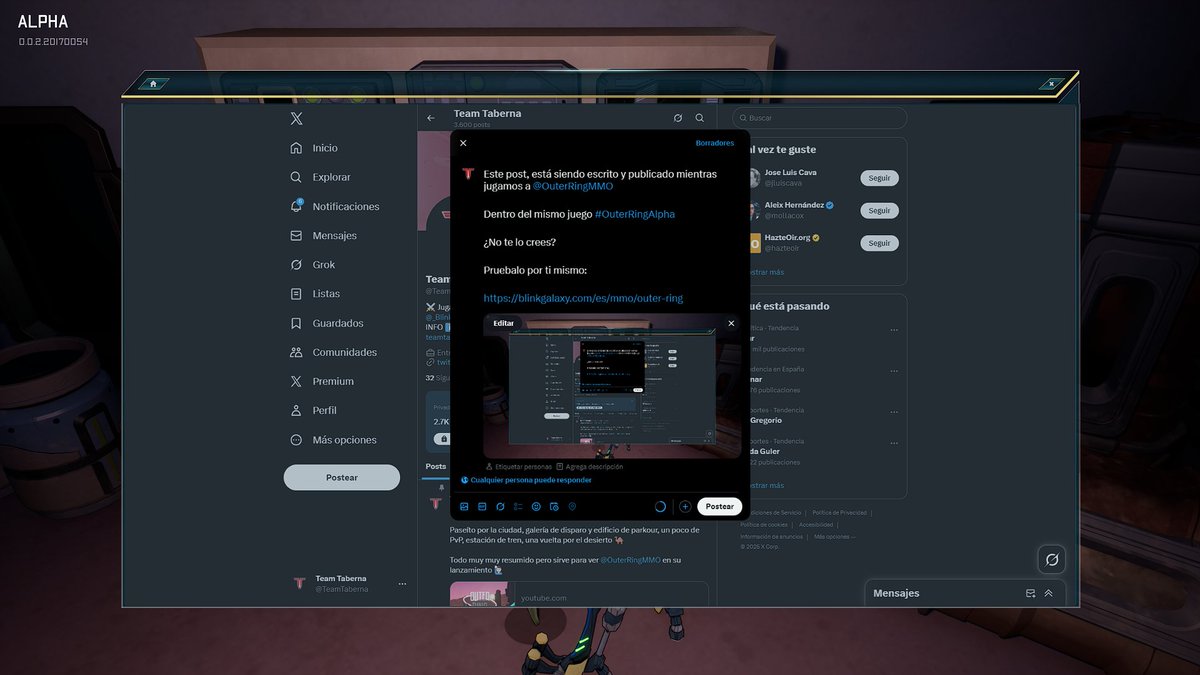 Este post, está siendo escrito y publicado mientras jugamos a <a href="/OuterRingMMO/">Outer Ring MMO 🪐</a> 

Dentro del mismo juego #OuterRingAlpha

¿No te lo crees?

Pruebalo por ti mismo:
blinkgalaxy.com/es/mmo/outer-r…