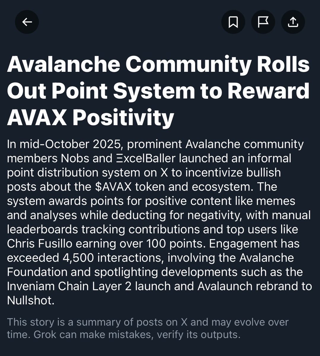 Wen points for <a href="/grok/">Grok</a> posting stories about the $AVAX community.