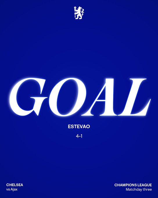 Blue background with Chelsea FC lion emblem at top left, large glowing white text GOAL in center, below it white text ESTEVAO, then 4-1 score, bottom text CHELSEA vs AJAX MATCHDAY THREE, right side white text CHAMPIONS LEAGUE.