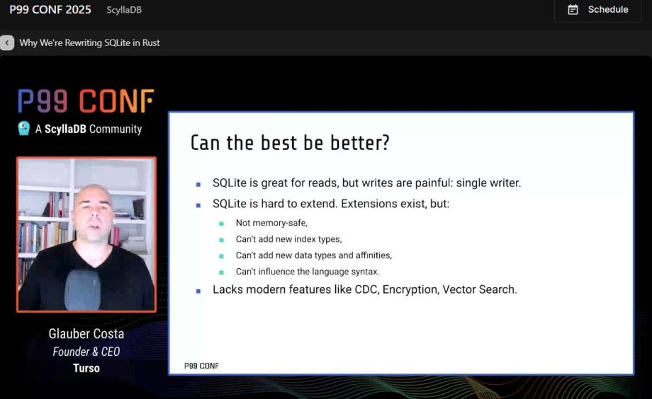 philpauleo's tweet image. In his #P99Conf presentation, @glcst, CEO,
@tursodatabase, establishes some features and #performance issues in in the much-loved (by many) #SQLite that could be remedied by their rewrite in #rustlang.
#database #ScyllaDB