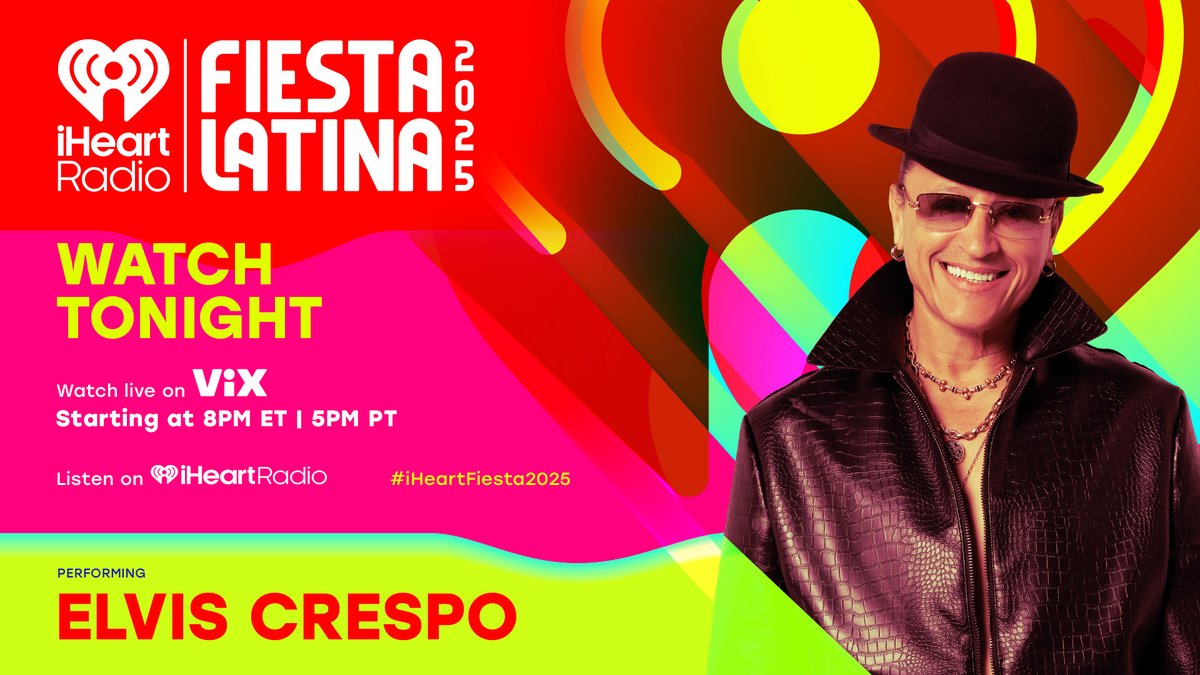 iHeartRadio's tweet photo. 🌴 Feel the rhythm of “Suavemente” as @ElvisCrespo hits the #iHeartFiesta2025 stage — live on @VIX at 8pm ET! https://t.co/Kq9KvTff3k